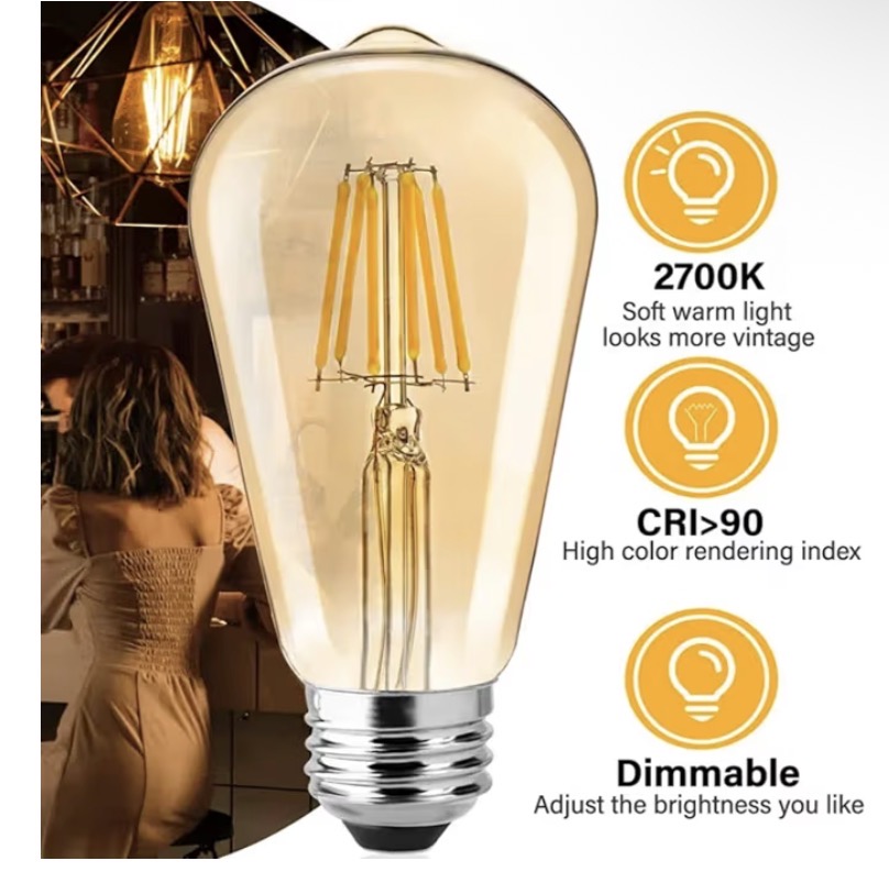 Additional image of 6 Pack Vintage Edison LED Bulbs, ST64 (Amber Color)